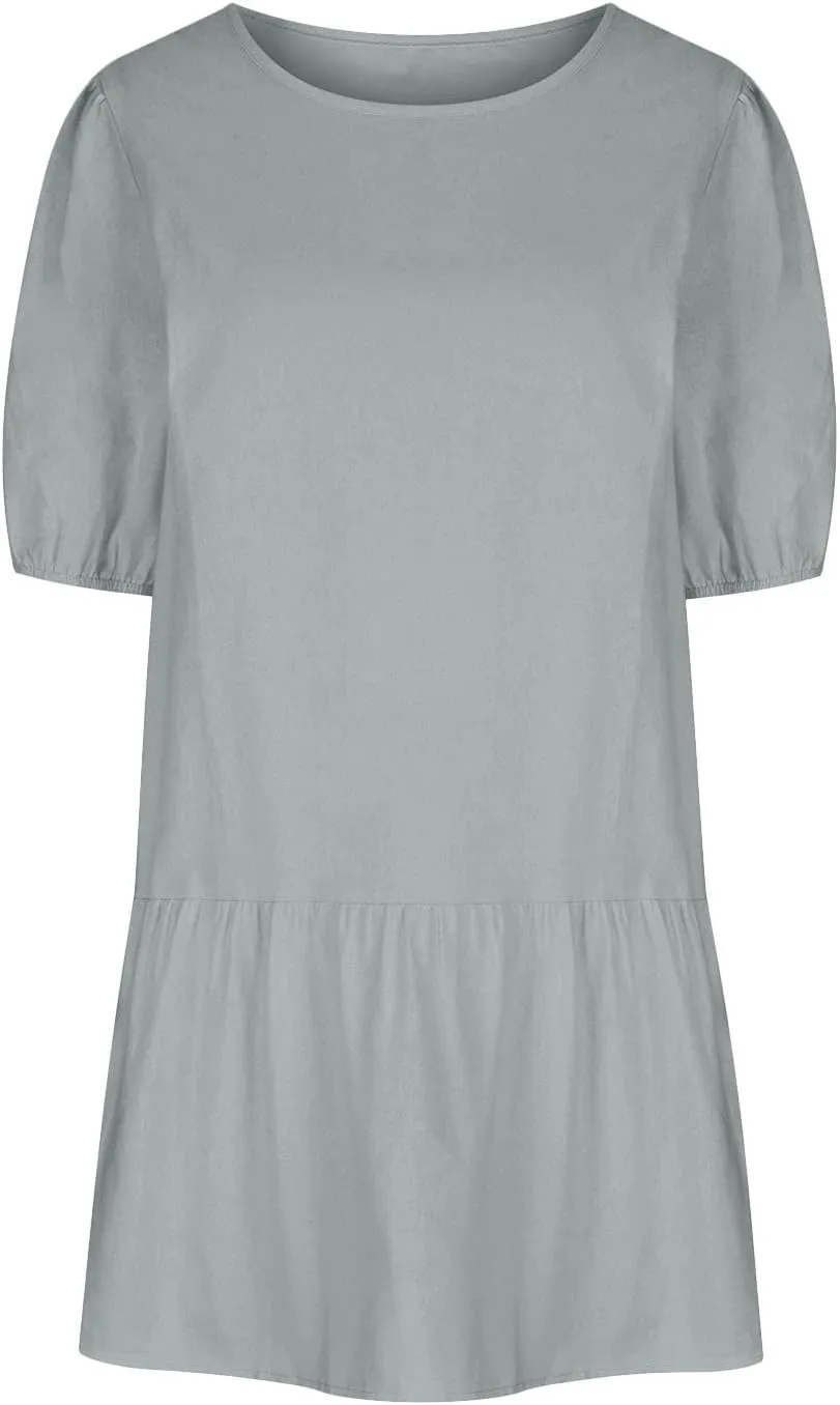 TANGNADE Womens Cotton Linen Mini Dress Casual Short Sleeve Round Neck Beach Sundress Solid Loose Travel Clothing