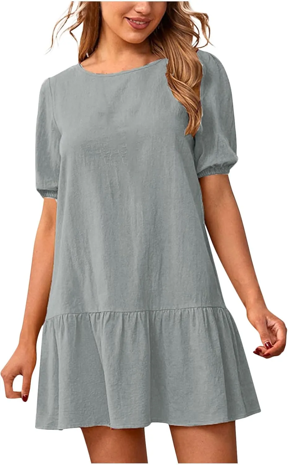 TANGNADE Womens Cotton Linen Mini Dress Casual Short Sleeve Round Neck Beach Sundress Solid Loose Travel Clothing