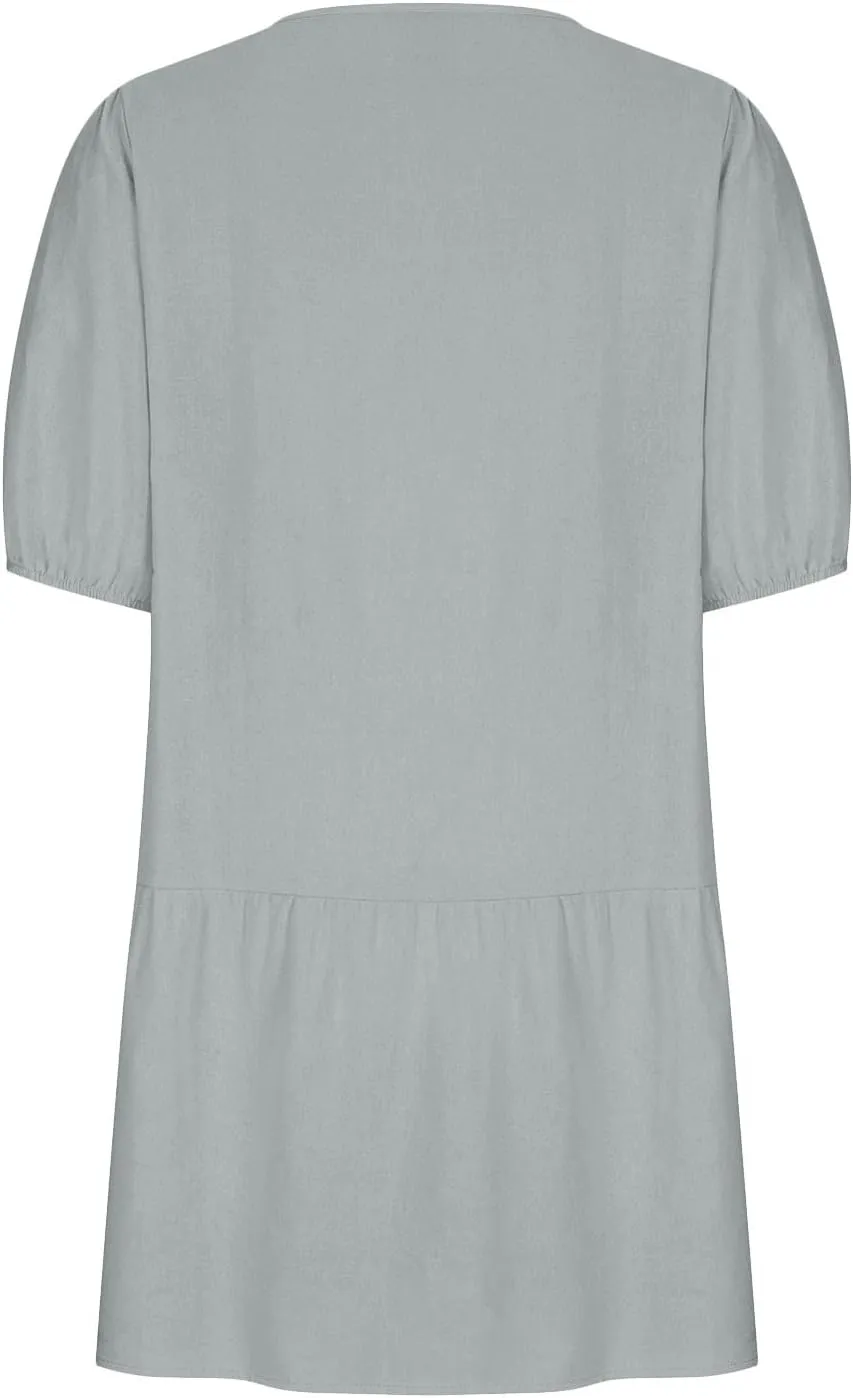 TANGNADE Womens Cotton Linen Mini Dress Casual Short Sleeve Round Neck Beach Sundress Solid Loose Travel Clothing