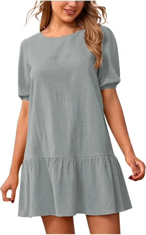 TANGNADE Womens Cotton Linen Mini Dress Casual Short Sleeve Round Neck Beach Sundress Solid Loose Travel Clothing