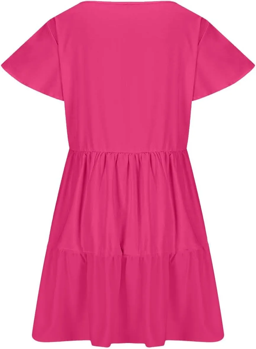 TANGNADE Womens Summer Ruffle Cap Sleeve Mini Dress Tiered Swing V Neck Cute Babydoll Short Beach Sundress Vacation