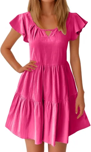 TANGNADE Womens Summer Ruffle Cap Sleeve Mini Dress Tiered Swing V Neck Cute Babydoll Short Beach Sundress Vacation