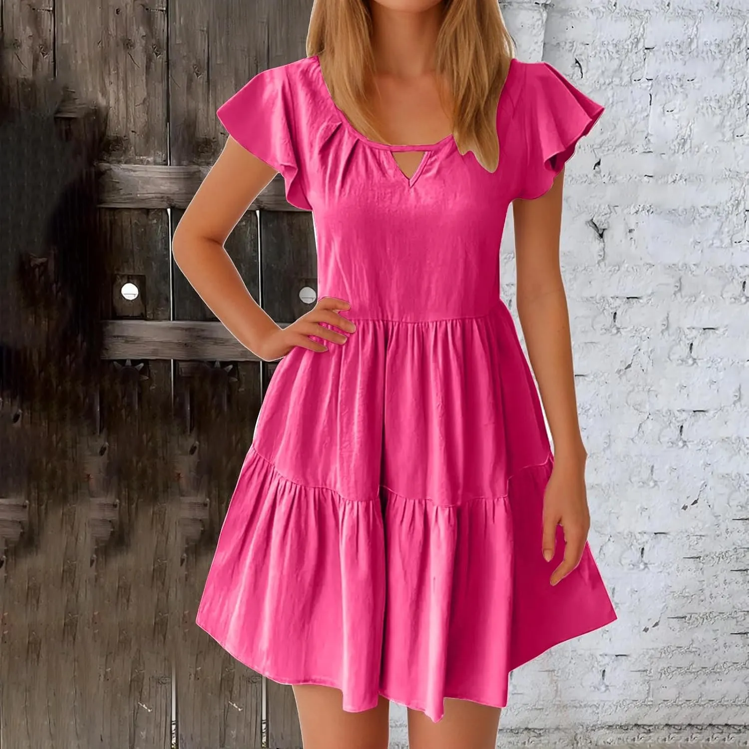 TANGNADE Womens Summer Ruffle Cap Sleeve Mini Dress Tiered Swing V Neck Cute Babydoll Short Beach Sundress Vacation