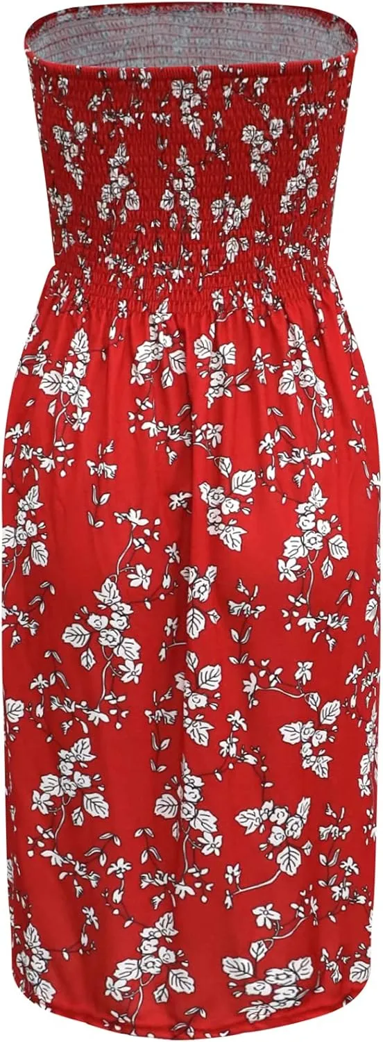 Tube Top Dress Boho Floral Summer Beach Csual Sun Dresses Strapless Dress for Women Red S