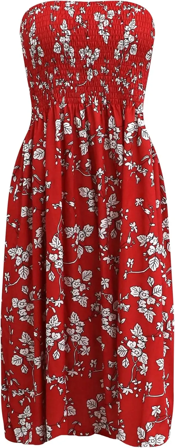 Tube Top Dress Boho Floral Summer Beach Csual Sun Dresses Strapless Dress for Women Red S