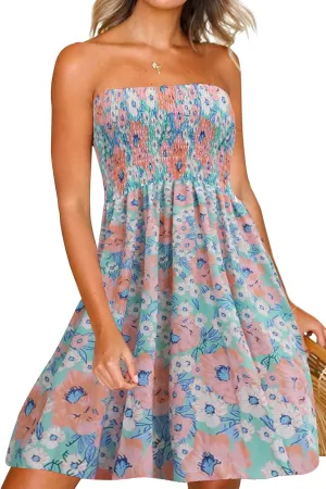 Tube Top Dress Boho Floral Summer Beach Csual Sun Dresses Strapless Dress for Women Red S