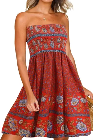 Tube Top Dress Boho Floral Summer Beach Csual Sun Dresses Strapless Dress for Women Red S