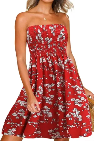 Tube Top Dress Boho Floral Summer Beach Csual Sun Dresses Strapless Dress for Women Red S