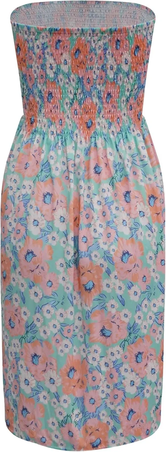 Tube Top Dress Boho Floral Summer Beach Csual Sun Dresses Strapless Dress for Women Red S