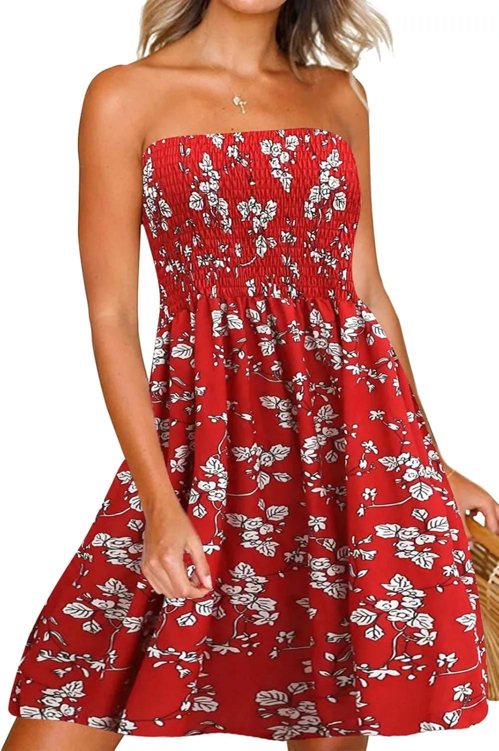 Tube Top Dress Boho Floral Summer Beach Csual Sun Dresses Strapless Dress for Women Red S