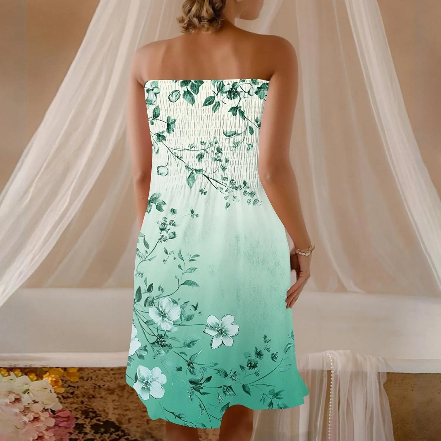 Tube Top Dresses for Women Summer Beach Cover Ups Strapless Boho Floral Print Sundress
