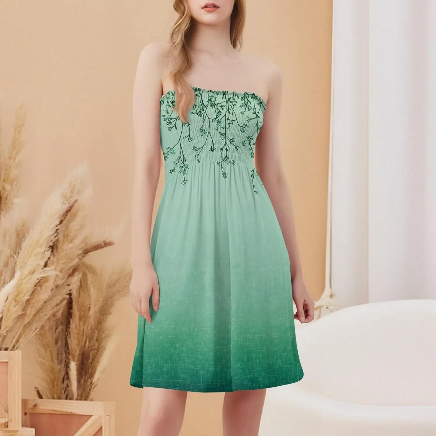 Tube Top Dresses for Women Summer Beach Cover Ups Strapless Boho Floral Print Sundress