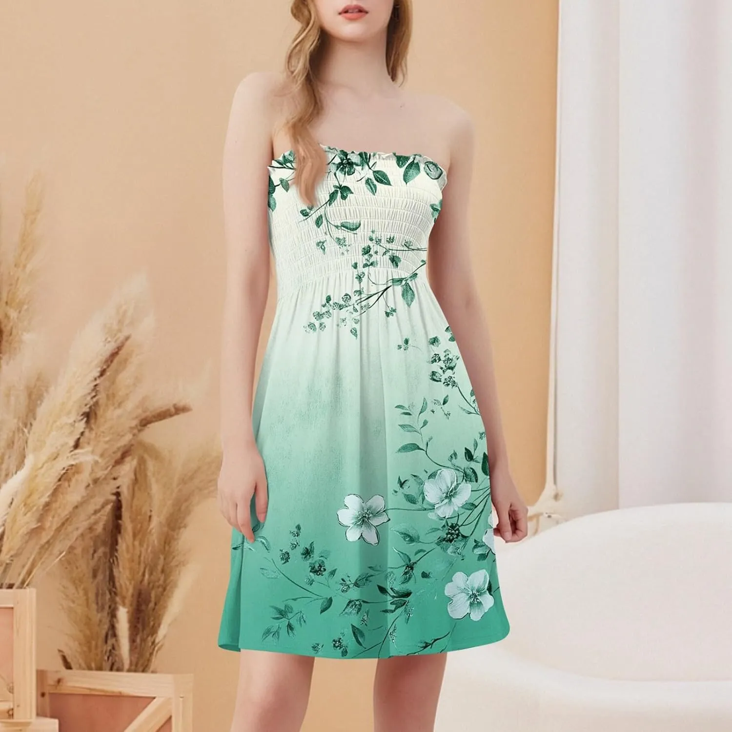 Tube Top Dresses for Women Summer Beach Cover Ups Strapless Boho Floral Print Sundress