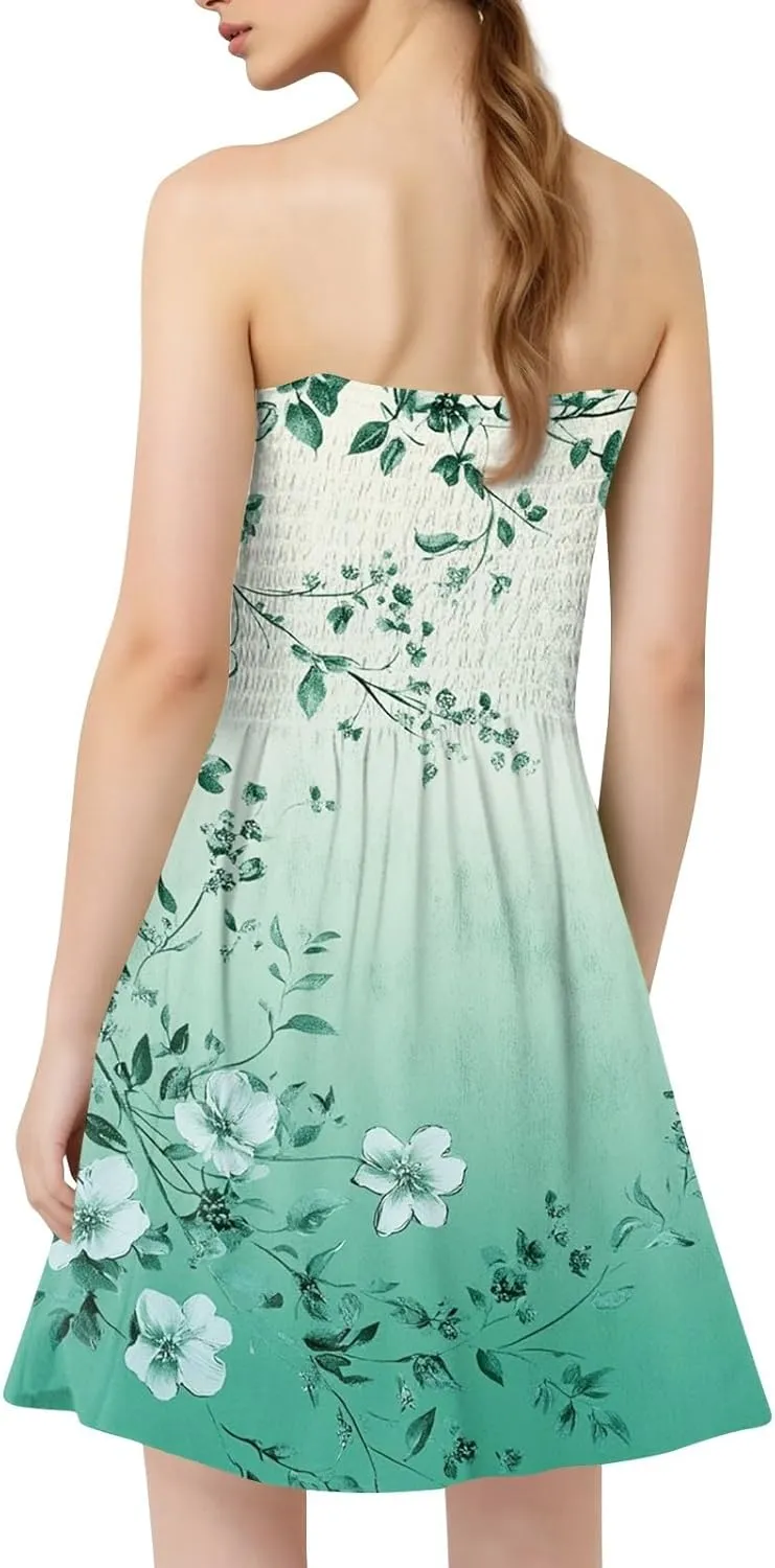 Tube Top Dresses for Women Summer Beach Cover Ups Strapless Boho Floral Print Sundress