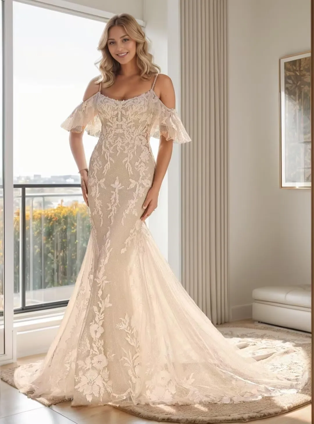 Tulle Lace Wedding Dresses for Bride 2025 Mermaid Off Shoulder A-Line V-Neck Beach Wedding Bridal Gowns for Women