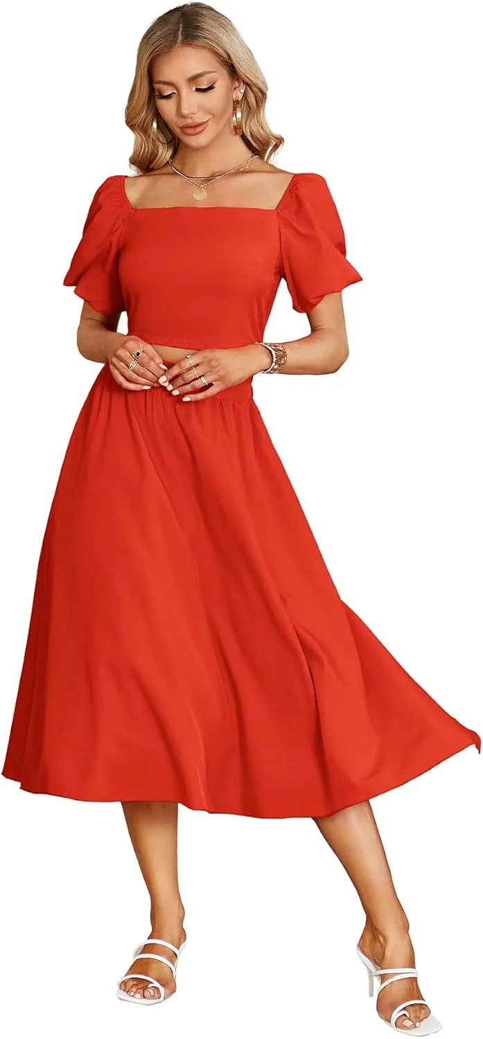 Umenlele Women's 2 Pieces Outfits Puff Short Sleeve Smocked Crop Top Side Split Swing Hem Midi Skirt Set