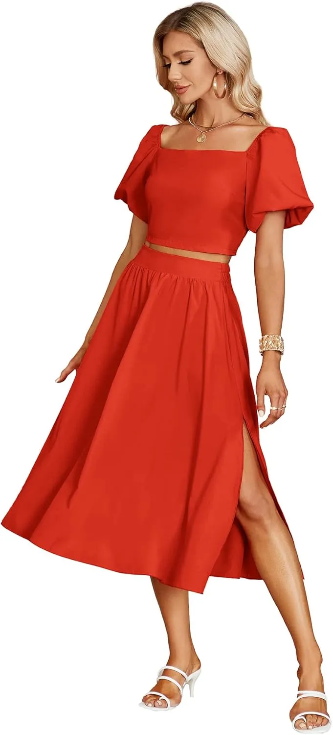 Umenlele Women's 2 Pieces Outfits Puff Short Sleeve Smocked Crop Top Side Split Swing Hem Midi Skirt Set