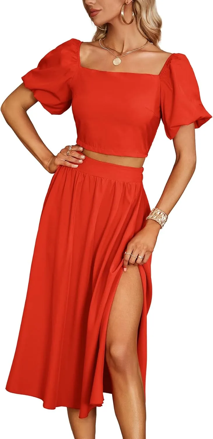 Umenlele Women's 2 Pieces Outfits Puff Short Sleeve Smocked Crop Top Side Split Swing Hem Midi Skirt Set
