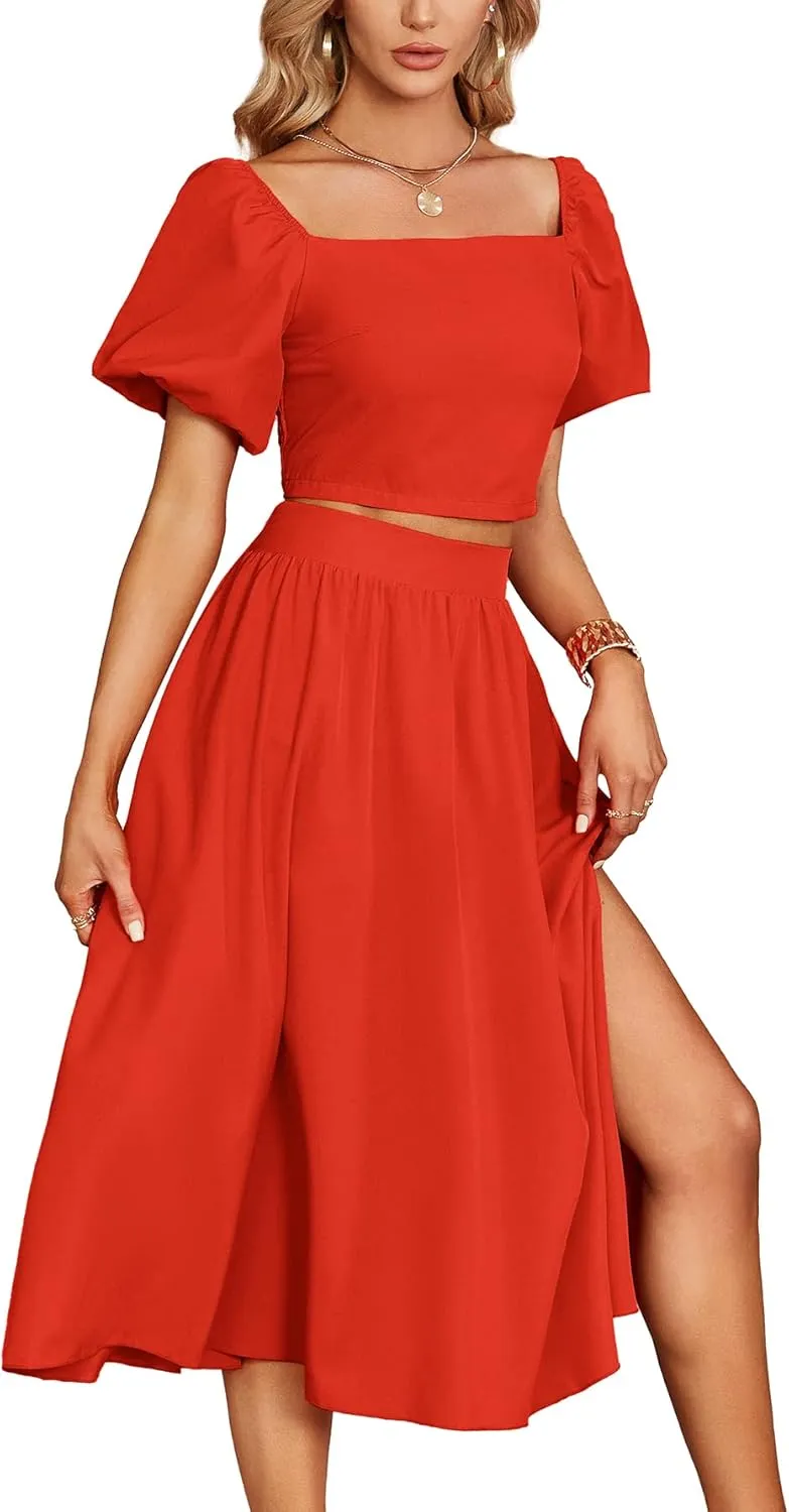 Umenlele Women's 2 Pieces Outfits Puff Short Sleeve Smocked Crop Top Side Split Swing Hem Midi Skirt Set