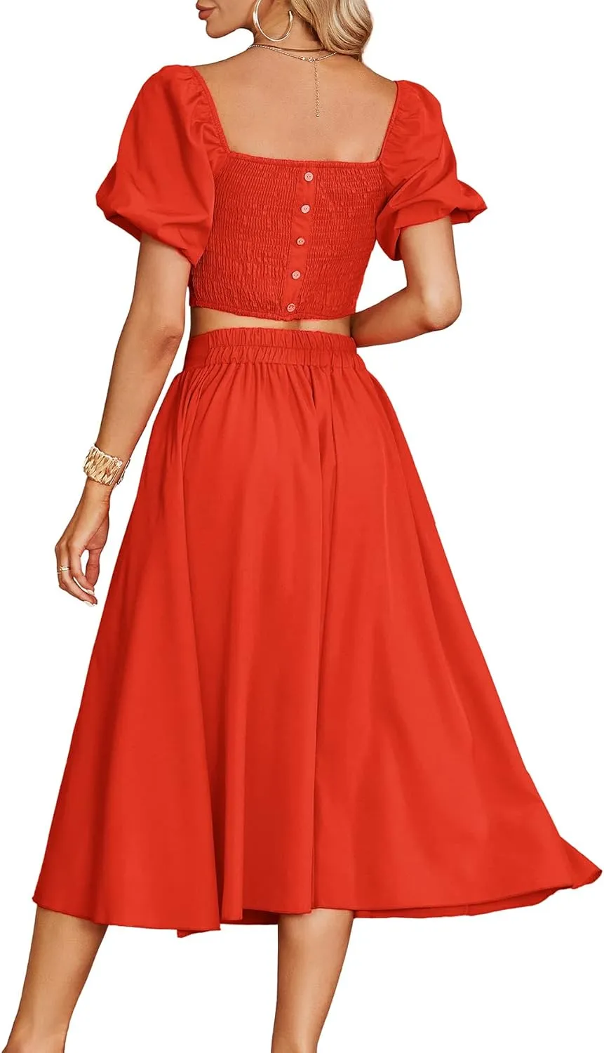 Umenlele Women's 2 Pieces Outfits Puff Short Sleeve Smocked Crop Top Side Split Swing Hem Midi Skirt Set