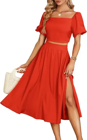 Umenlele Women's 2 Pieces Outfits Puff Short Sleeve Smocked Crop Top Side Split Swing Hem Midi Skirt Set