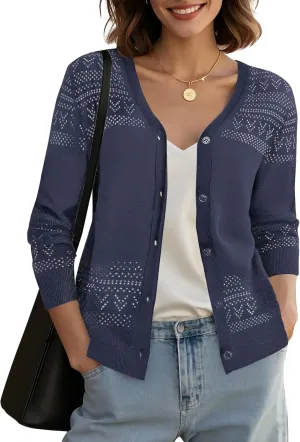 Urban CoCo Women's V-Neck Boho Crochet Cardigan 2025 Summer Lightweight 3/4 Sleeve Open Front Button Down Cover Up