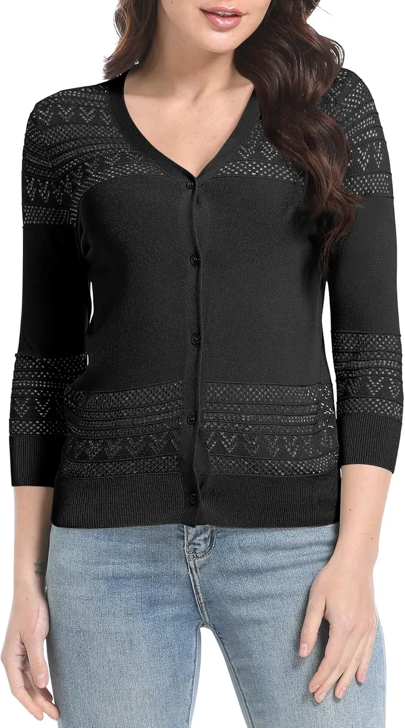 Urban CoCo Women's V-Neck Boho Crochet Cardigan 2025 Summer Lightweight 3/4 Sleeve Open Front Button Down Cover Up