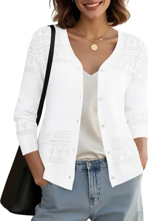 Urban CoCo Women's V-Neck Boho Crochet Cardigan 2025 Summer Lightweight 3/4 Sleeve Open Front Button Down Cover Up