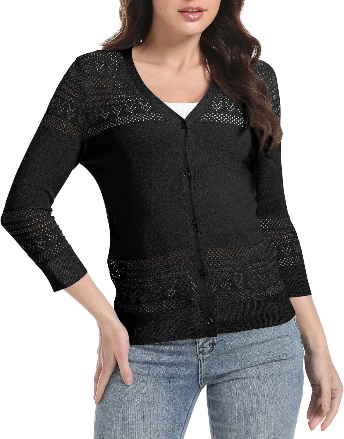 Urban CoCo Women's V-Neck Boho Crochet Cardigan 2025 Summer Lightweight 3/4 Sleeve Open Front Button Down Cover Up