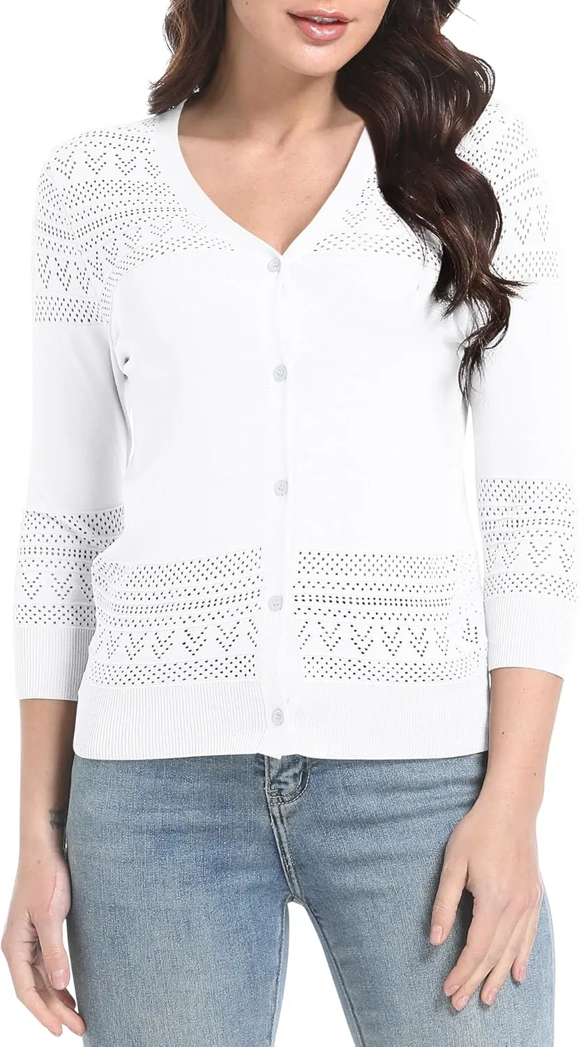 Urban CoCo Women's V-Neck Boho Crochet Cardigan 2025 Summer Lightweight 3/4 Sleeve Open Front Button Down Cover Up