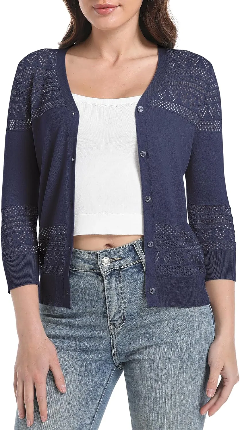Urban CoCo Women's V-Neck Boho Crochet Cardigan 2025 Summer Lightweight 3/4 Sleeve Open Front Button Down Cover Up