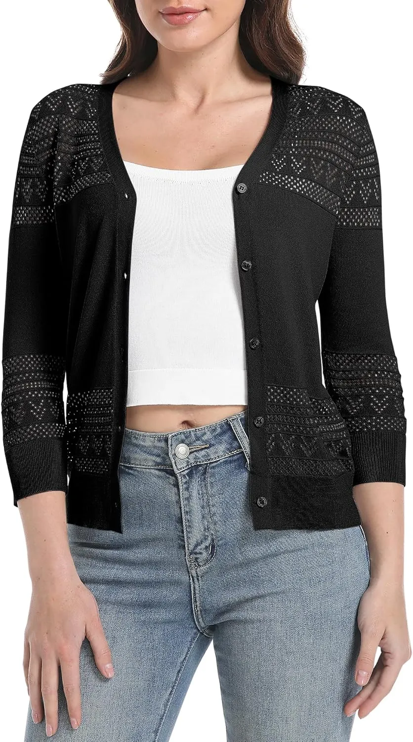 Urban CoCo Women's V-Neck Boho Crochet Cardigan 2025 Summer Lightweight 3/4 Sleeve Open Front Button Down Cover Up