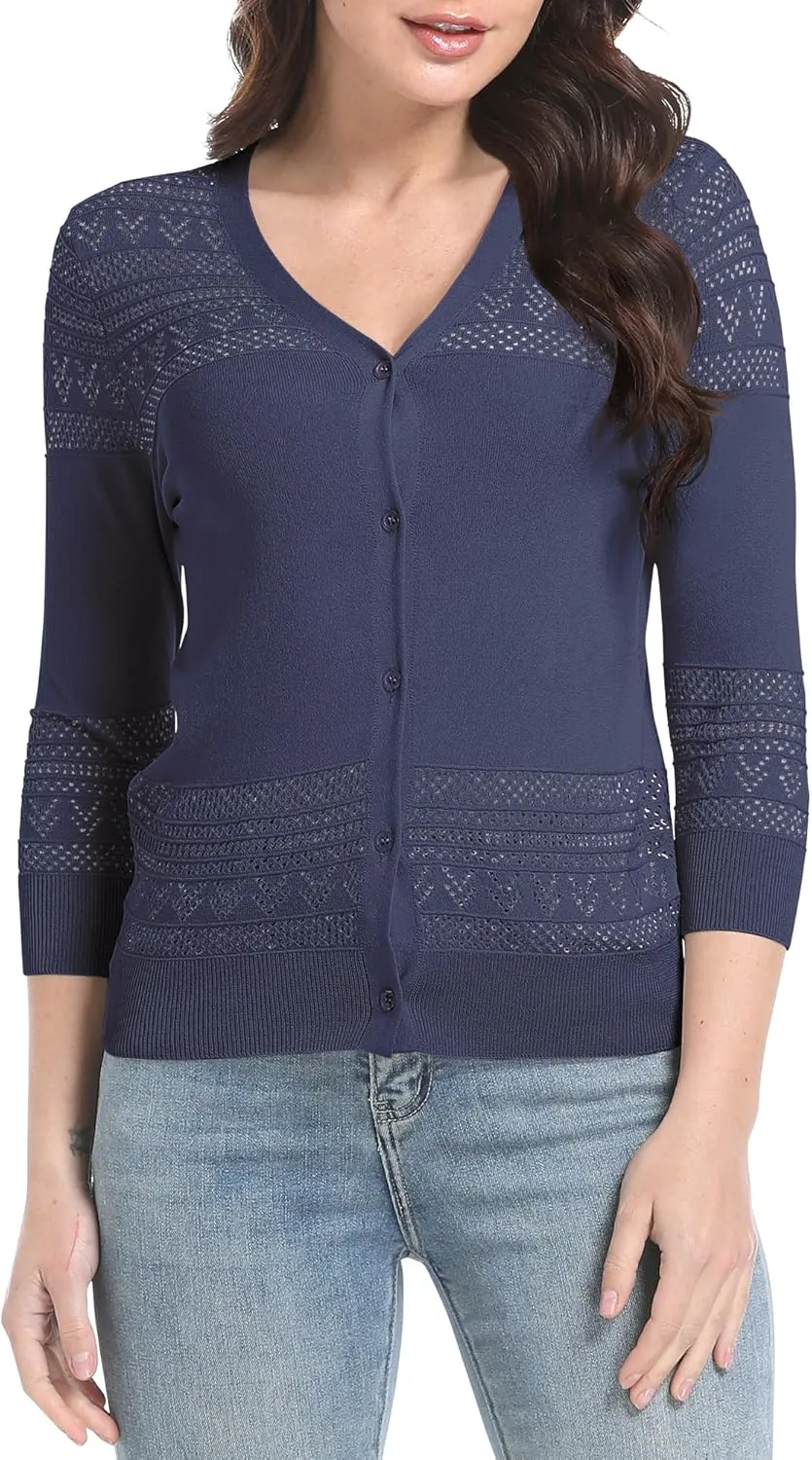 Urban CoCo Women's V-Neck Boho Crochet Cardigan 2025 Summer Lightweight 3/4 Sleeve Open Front Button Down Cover Up