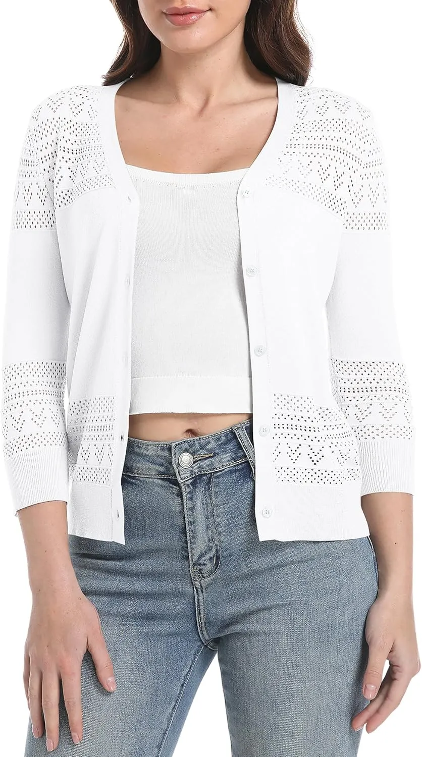Urban CoCo Women's V-Neck Boho Crochet Cardigan 2025 Summer Lightweight 3/4 Sleeve Open Front Button Down Cover Up