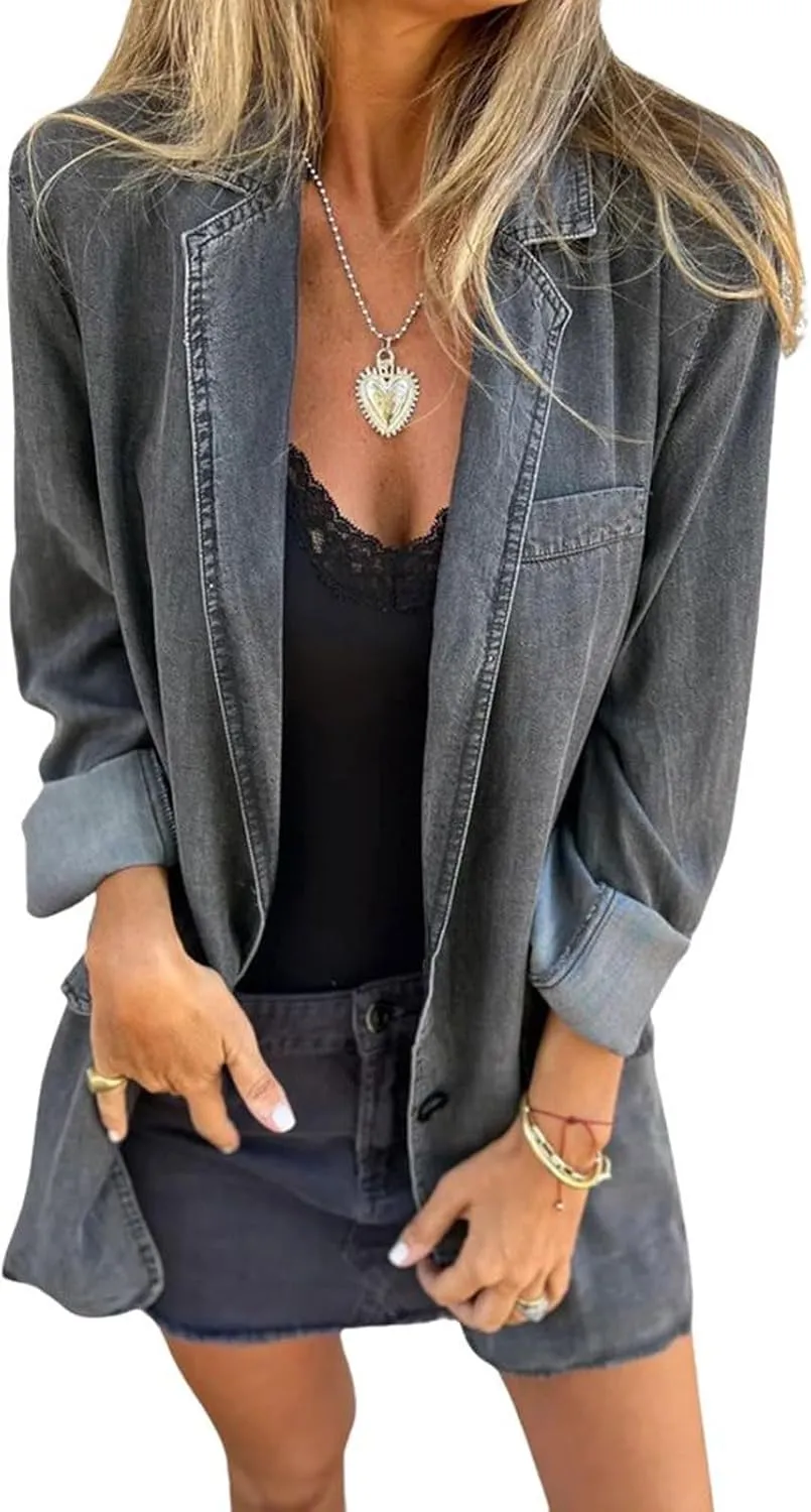 utcoco Denim Jackets for Women Casual Button V Neck Oversized Jean Jacket Western 2024 Fall Shacket