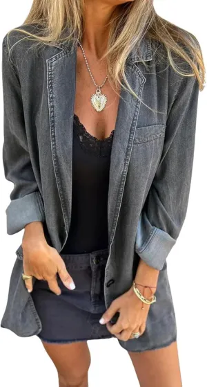utcoco Denim Jackets for Women Casual Button V Neck Oversized Jean Jacket Western 2024 Fall Shacket
