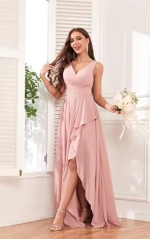 V Neck Bridesmaid Dresses for Women Chiffon Wedding Dress Long Formal Evening Dress with Slit