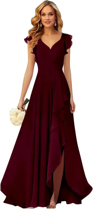 VCCICANY Chiffon Bridesmaid Dresses for Women V Neck Ruffle Sleeves Ruched Long Formal Dress with Slit