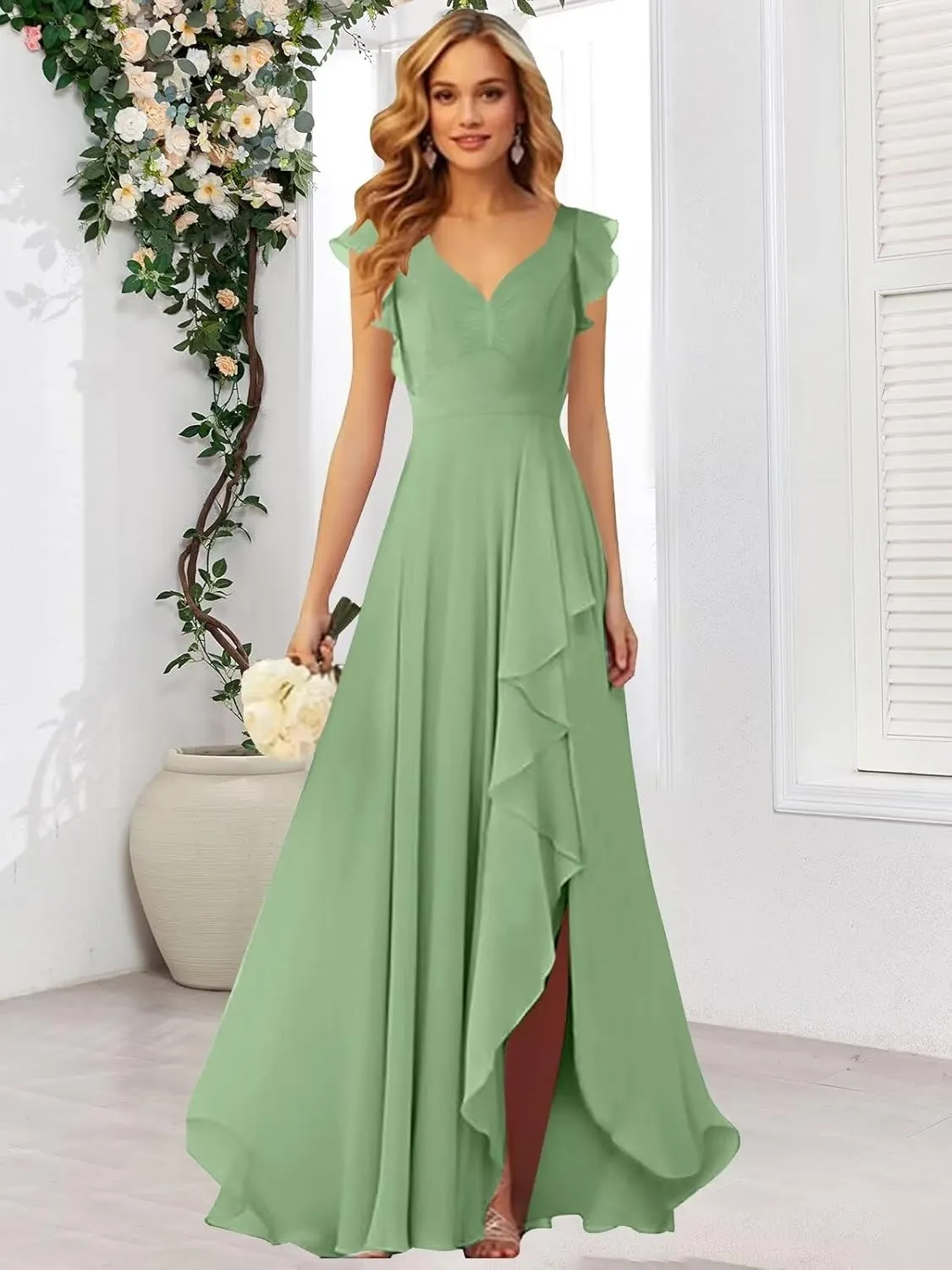 VCCICANY Chiffon Bridesmaid Dresses for Women V Neck Ruffle Sleeves Ruched Long Formal Dress with Slit