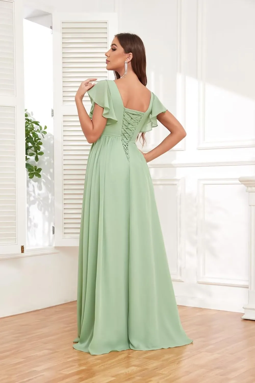 VCCICANY Chiffon Bridesmaid Dresses for Women V Neck Ruffle Sleeves Ruched Long Formal Dress with Slit