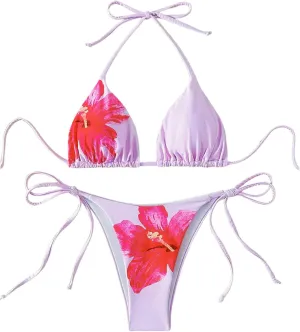 Verdusa Women's 2 Piece Floral Halter Triangle Bikini Sets Backless Self Tied Swimsuit Bathing Suits
