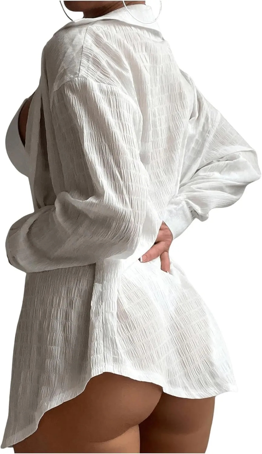 Verdusa Women's Long Sleeve Button Down Kimonos Cardigan Swimsuit Cover Up