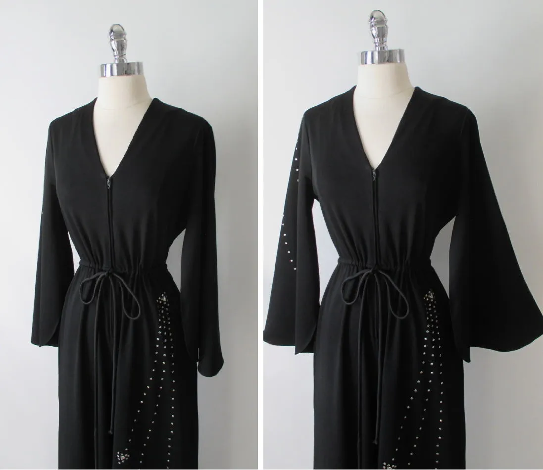 Vintage 70's Black Rhinestone Palazzo Pants Jumpsuit M L