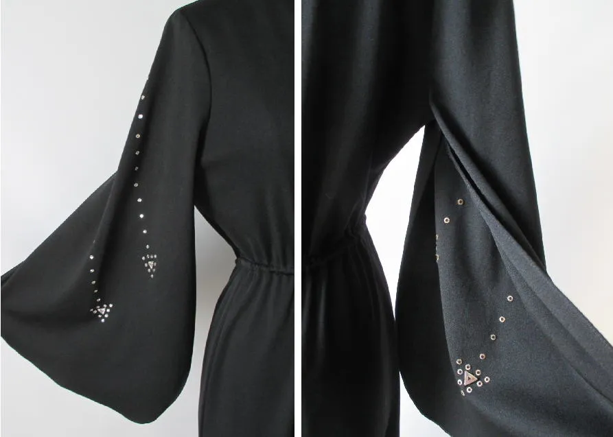 Vintage 70's Black Rhinestone Palazzo Pants Jumpsuit M L