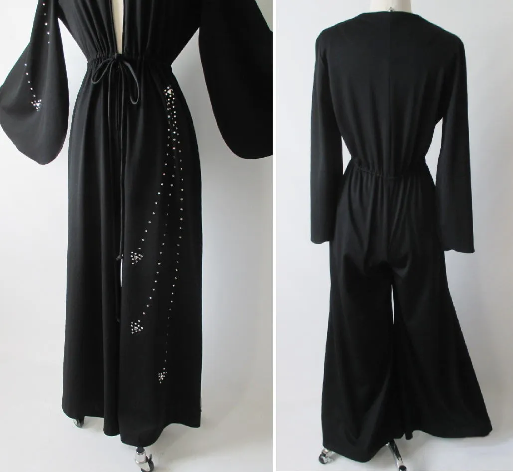 Vintage 70's Black Rhinestone Palazzo Pants Jumpsuit M L