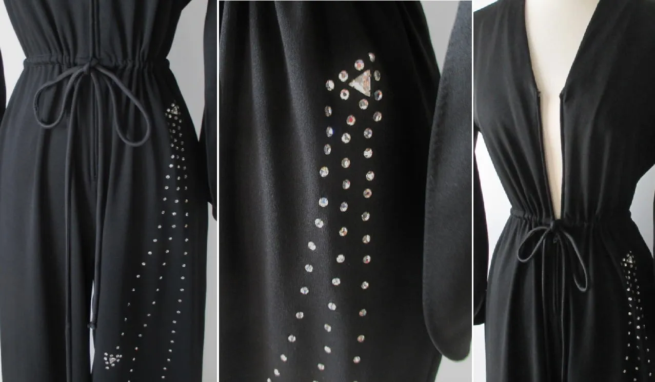 Vintage 70's Black Rhinestone Palazzo Pants Jumpsuit M L