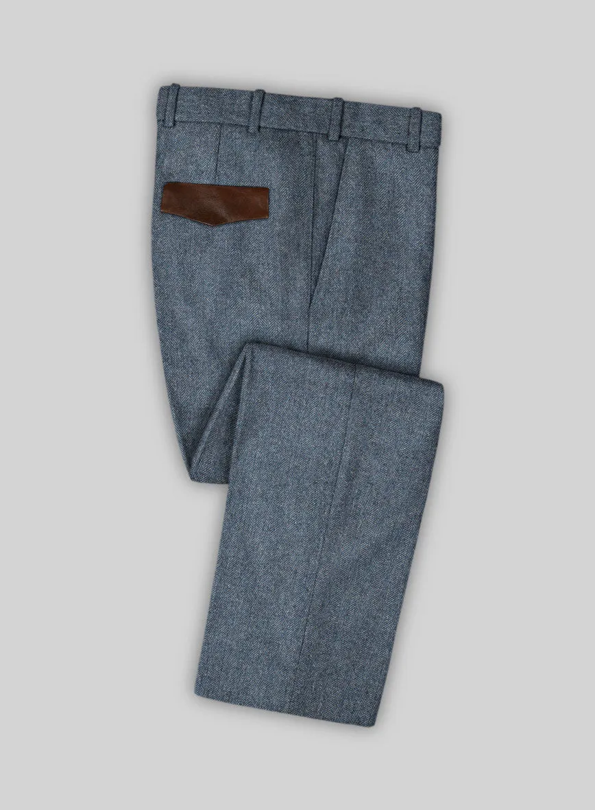 Vintage  Herringbone Blue Tweed Pants - Leather Trims