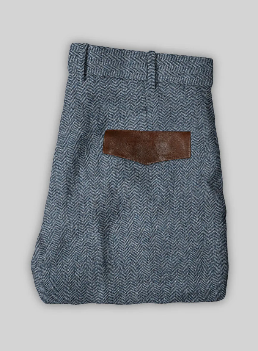 Vintage  Herringbone Blue Tweed Pants - Leather Trims