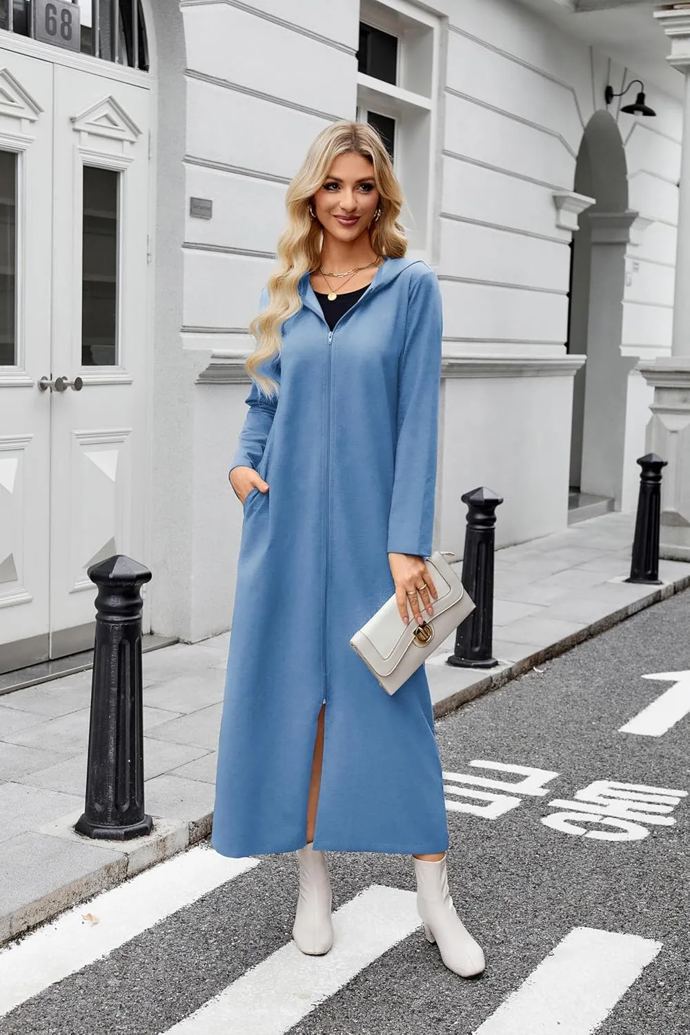 VintageClothing Women Hooded Zipper Robe Plus Size Zip Up Sweatshirt Robe Long Zipper Front Housecoat with Pockets S-4X