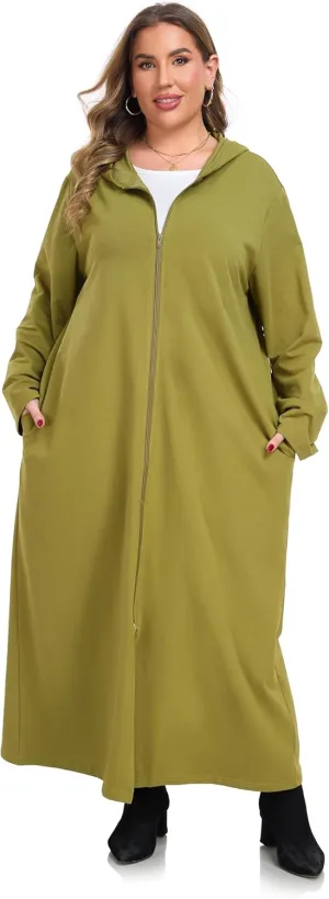 VintageClothing Women Hooded Zipper Robe Plus Size Zip Up Sweatshirt Robe Long Zipper Front Housecoat with Pockets S-4X